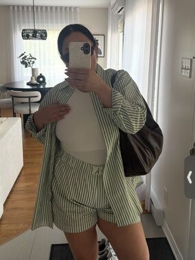 Striped Green Relaxed Shirt Jacket and short  - Women